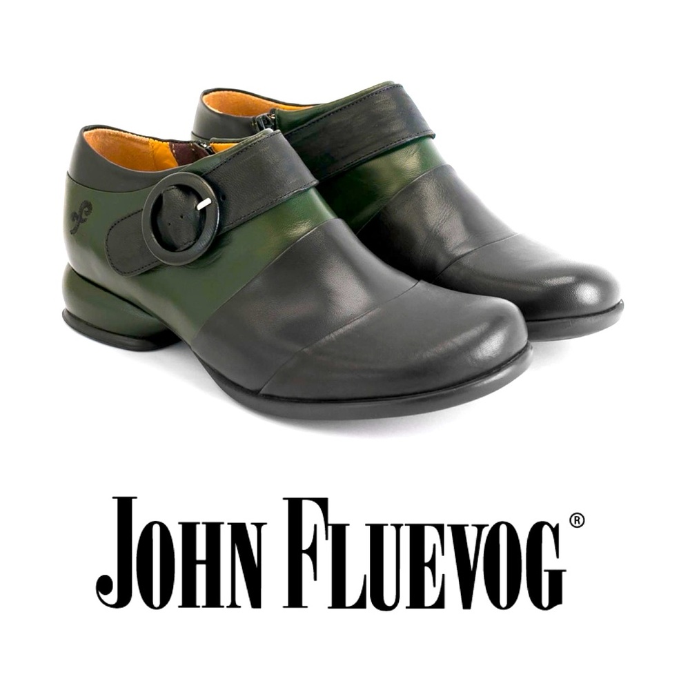 BRAND NEW John Fluevog FELLOWSHIP TINA CONTRAST BUCKLE SHOE Green/Black - Size 7